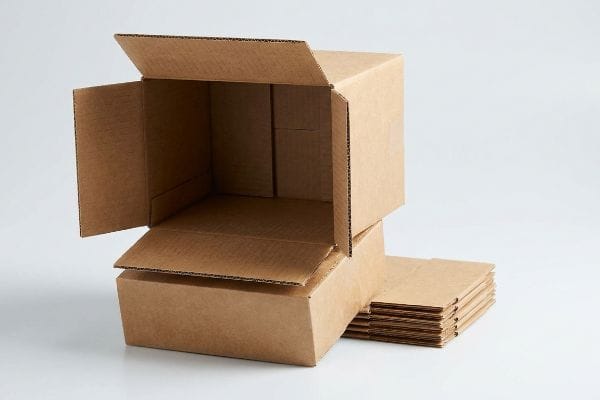 Corrugated Shipping Boxes Flat An open corrugated cardboard box sits on a closed one, with flat-packed corrugated sheets beside them, ideal for shipping and display.