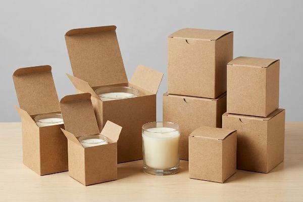 Arrangement of unbleached wood pulp kraft candle boxes, some open with glass candles, others closed, for retail packaging solutions.