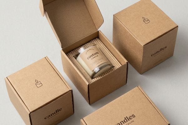 Custom Candle Kraft Packaging An open custom kraft box holds a "Custom Candle" glass jar with corrugated cushioning, surrounded by branded candle boxes.