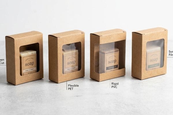 Box Window Type Comparison Four kraft paper soap boxes display diverse window types: Open Cut, Flexible Pet, Rigid Pvc, and Sustainable Film.