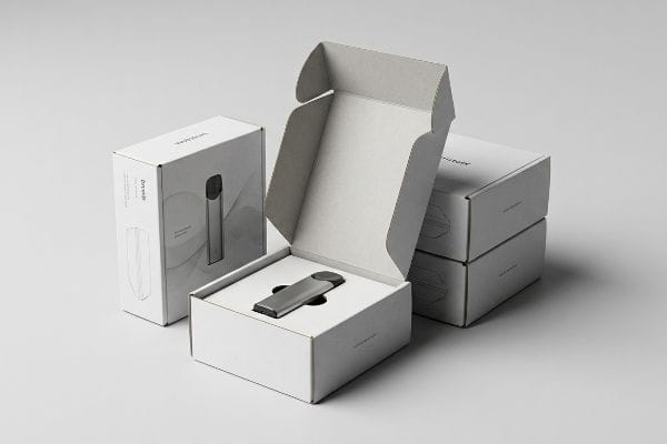 Drovall Product Packaging An open white retail packaging box showcases a sleek dark grey Drovall electronic device, alongside closed Drovall boxes, emphasizing product presentation.