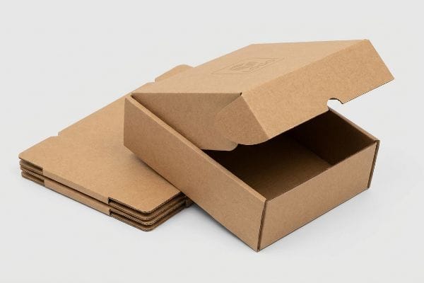Tuck Top Mailer Boxes Open brown corrugated tuck top mailer box with self-locking lid, beside flat-packed shipping boxes.