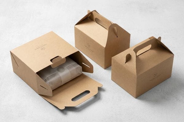 Kraft Gable Box Packaging Three brown kraft paper gable boxes, one open revealing a product wrapped in tissue, featuring integrated handles and 'Premium Quality' branding.