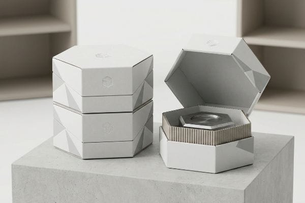 Hexagon Box Packaging Display An open white custom hexagon box with a corrugated insert and silver product, beside a stack of three closed geometric hexagon packaging boxes.