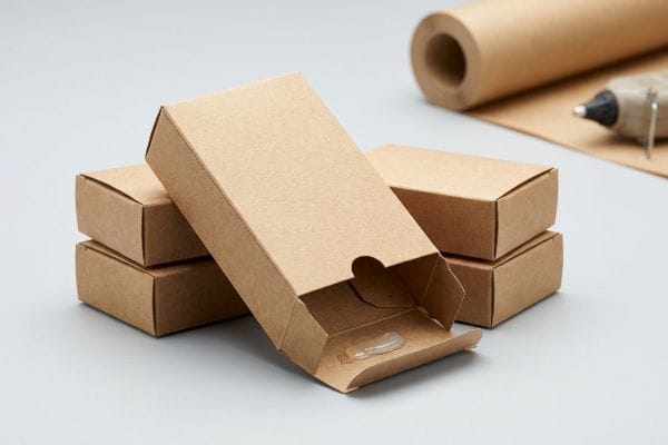 Brown Kraft paperboard soap boxes, one open revealing clear EVA hot-melt adhesive, alongside a paper roll and glue gun.