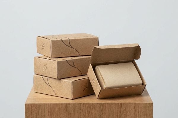 Eco Kraft Soap Boxes Open kraft paperboard box with embossed leaf logo, revealing a product wrapped in kraft paper, next to a stack of three sustainable packaging boxes.