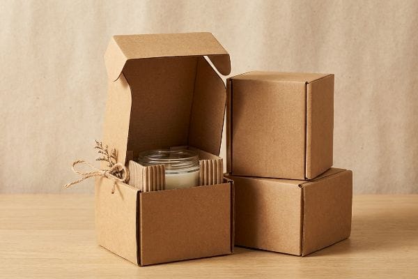 Kraft Candle Box Packaging Three kraft cardboard boxes, one open revealing a glass candle jar with corrugated inserts and decorative twine, showcasing eco-friendly candle packaging.