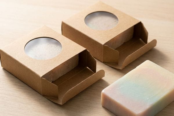 Two open kraft paper soap boxes with die-cut windows, beside a pastel rainbow soap bar on wood.