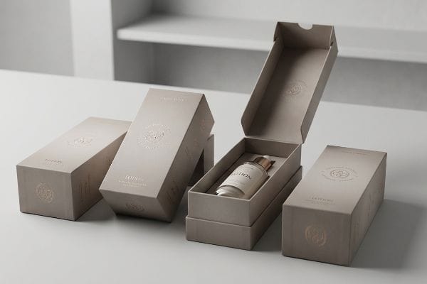 Custom Lotion Box Design Four elegant beige custom lotion boxes, one open revealing a white bottle of Lotion with a gold cap, highlighting premium cosmetic packaging.