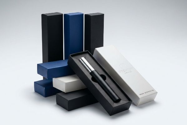 Stacked black, blue, and white mascara boxes, one open revealing a black and silver mascara wand, with a white box featuring 'Premium Lash Co' branding.