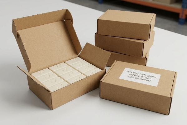Bulk Soap Boxes Brown corrugated bulk soap boxes, one open with white soap bars, another labeled 'Bulk Soap Distribution Premium Quality 100% Sustainable'.