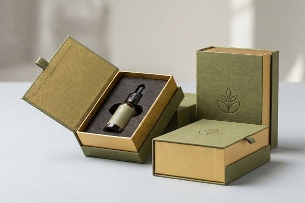 Premium olive green and gold CBD gift boxes, one open with a wellness tincture bottle, featuring embossed leaf and stylized logos.