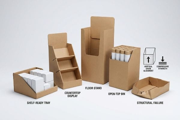 Corrugated die-cut boxes: Shelf-Ready Tray, Countertop Display, Floor Stand, Open-Top Bin, and a Structural Failure. Diagrams show Vertical Grain Alignment and Compressive Strength.