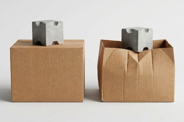 Sturdy corrugated RSC box and a bowing open-top container with gray concrete cubes, demonstrating vertical compression strength.
