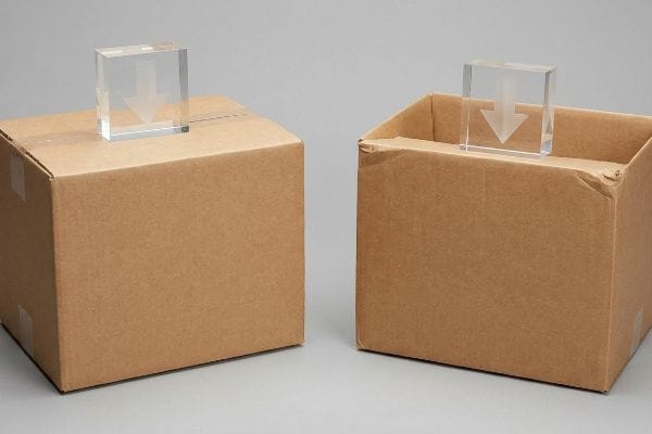 Brown corrugated cardboard boxes, one closed RSC and one open-top HSC, each topped with a clear acrylic block showing a downward arrow.