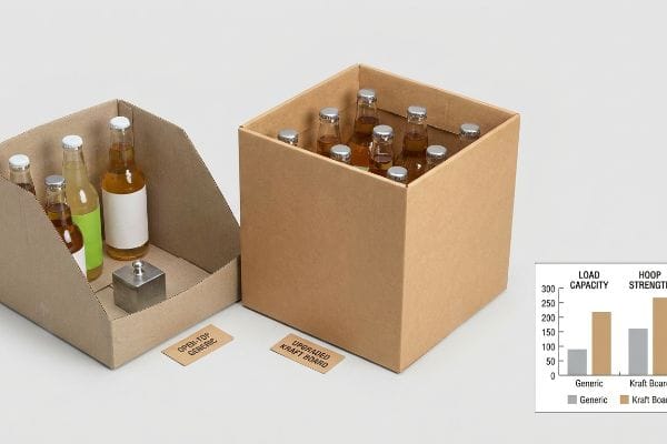 Packaging Strength Comparison Two open-top cardboard boxes, one 'Open-Top Generic' with bottles and a metal weight, the other a sturdy 'Upgraded Kraft Board' box with beverage bottles, comparing Load Capacity and Hoop Strength.