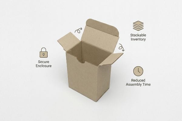 An open brown cardboard tuck box highlights Secure Enclosure, Stackable Inventory, and Reduced Assembly Time with illustrative icons.