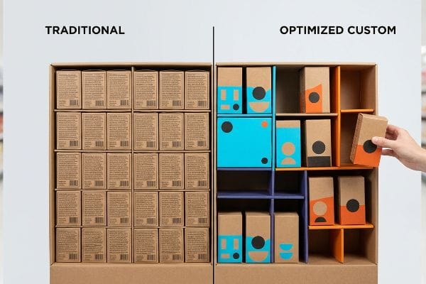 Traditional vs Custom Display Traditional brown boxes contrast with Optimized Custom retail display, featuring colorful asymmetric dividers.