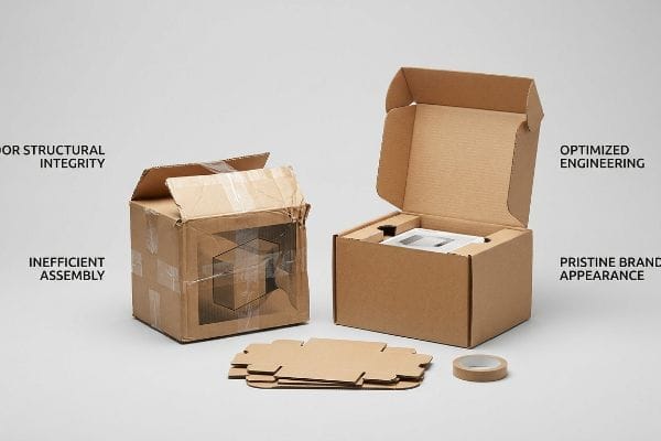 Brown corrugated packaging contrasts: a taped box showing Poor Structural Integrity and Inefficient Assembly, beside an open box with Optimized Engineering and Pristine Brand Appearance.