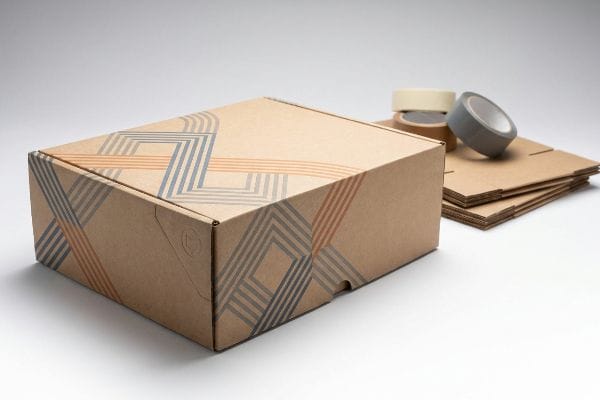Creative Packaging Design Brown corrugated mailer box with orange and gray geometric pattern, plus flat-packed boxes and tape.