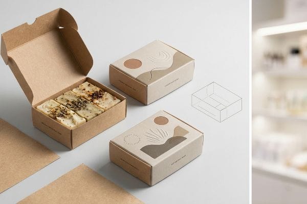 Custom kraft paper soap boxes, one open with six Organic Botanical Soap bars, two closed with minimalist designs.