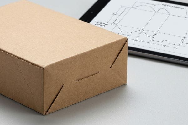折り紙のような連結式の紙製タブが付いた茶色の段ボール箱。その隣には、0.029インチの公差を持つダイラインを示すタブレットが置かれている。.