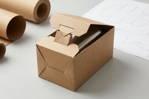 Kraft paper box, origami friction lock, securing silver drinkware. Paper rolls, box blueprints in background.