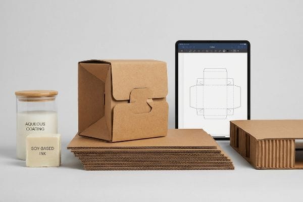 Sustainable Packaging Materials Dieline Aqueous Coating, Soy-Based Ink, origami-style corrugated box, tablet dieline, stacked cardboard, fluted pallet.