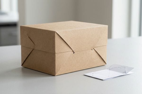 Origami Kraft Box Brown kraft paper box with an origami-style locking lid, showcasing mono-material recyclable packaging.