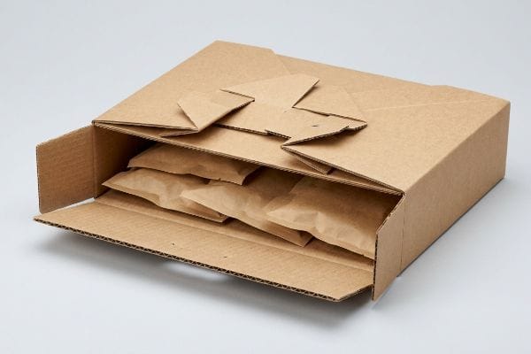 Origami Packaging with Pouches Brown corrugated box, partially open, reveals stacked recyclable paper pouches secured by origami locking tabs, showcasing mono-material design.