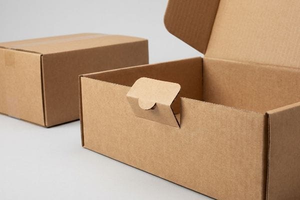Brown corrugated box with an open lid and a visible origami-style paper lock, highlighting mono-material FFP.