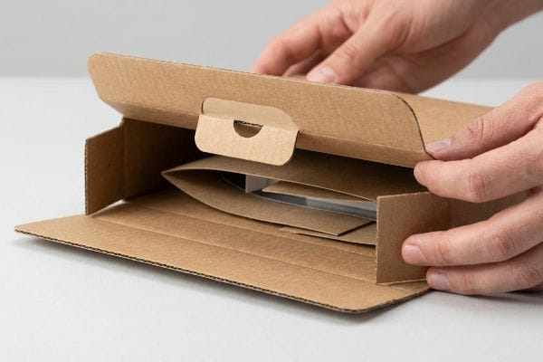 Brown corrugated kraft paper box with an origami paper lock being opened, showcasing frustration-free packaging design.