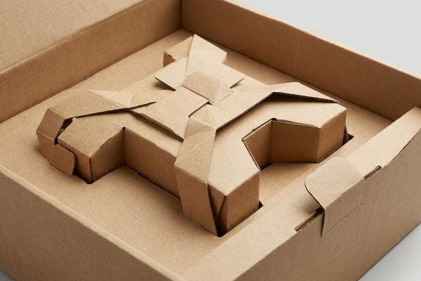 Origami Packaging Insert Brown corrugated cardboard packaging insert with origami-style paper locks and interlocking tabs for mono-material product securing.