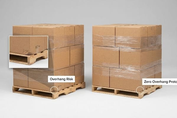 Pallet Overhang Comparison Brown corrugated boxes on wooden pallets illustrate the Overhang Risk with a crushed corner versus the Zero Overhang Protocol for optimal compression.