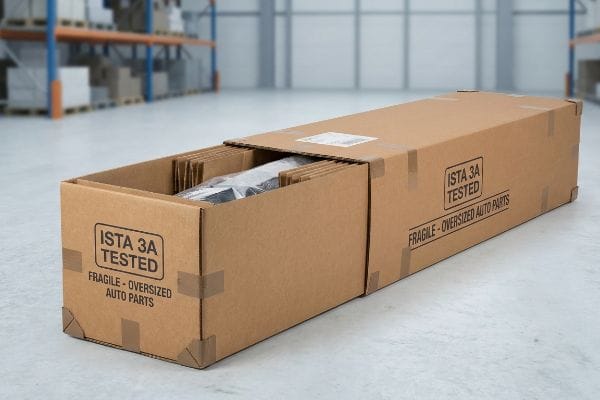 ISTA 3A Tested Packaging Brown corrugated box marked "Ista 3a Tested" and "Fragile - Oversized Auto Parts", designed for robust shipping in a warehouse setting.