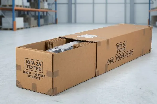 বাদামী রঙের ঢেউখেলানো বাক্স, যার উপর "Ista 3a Tested" এবং "Fragile - Oversized Auto Parts" লেখা রয়েছে, যা গুদামঘরে মজবুত পরিবহনের জন্য ডিজাইন করা হয়েছে।.
