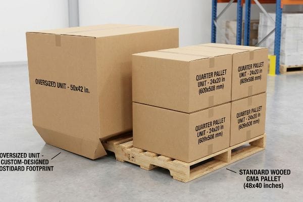 Oversized 50x42 (non-standard) vs. four 24x20 Quarter Pallets on 48x40 GMA pallet.