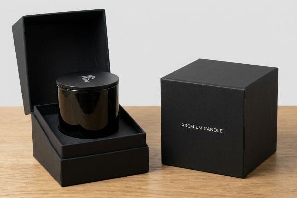 Premium Black Candle Packaging Arranged on wood, premium black candle box packaging, one open with a 'P' logo candle, the other closed showing 'Premium Candle' text.