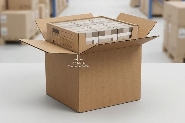 Packaging Clearance Buffer A brown corrugated master shipping carton holds a secondary retail display tray, illustrating the 0.25-inch Clearance Buffer to prevent packaging friction.