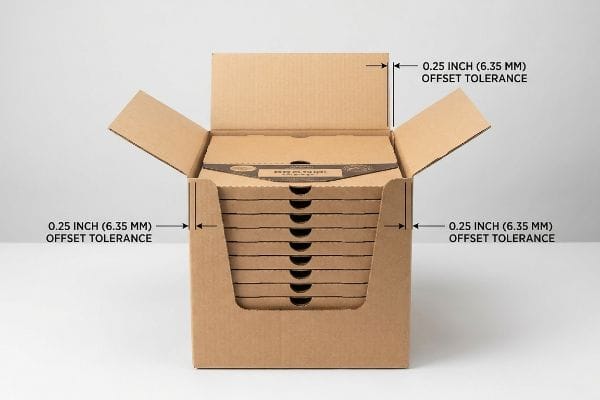 Box Offset Tolerance Corrugated master carton holding nested packaging, displaying 0.25 Inch (6.35 Mm) Geometric Offset Tolerance for frictionless unpacking.