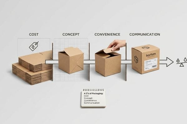 Brown cardboard boxes illustrating the 4 C's of packaging: Cost, Concept, Convenience, and Communication, with a 'korlum' branded box.