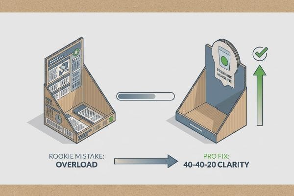Packaging Clarity Overload Corrugated displays show Rookie Mistake Overload versus Pro Fix 40-40-20 Clarity with a Pressure Headline.