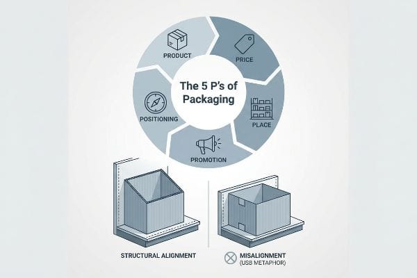 The 5 P's of Packaging diagram, showing Structural Alignment and Misalignment (USB Metaphor) for retail.