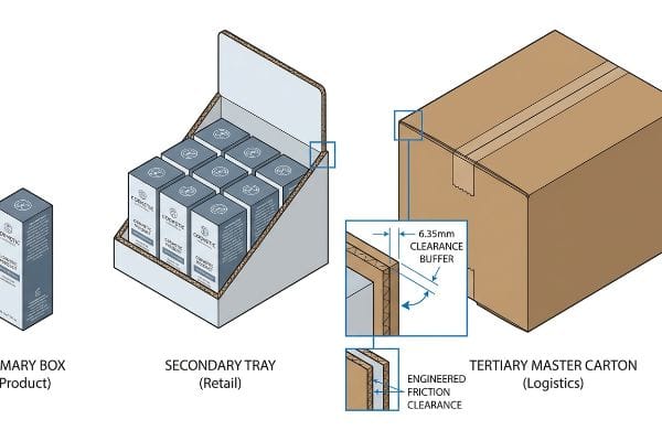 Corrugated packaging diagram: Cosmetic Products Primary Box, Secondary Retail Tray, and Tertiary Master Carton, highlighting 6.35mm clearance buffer.