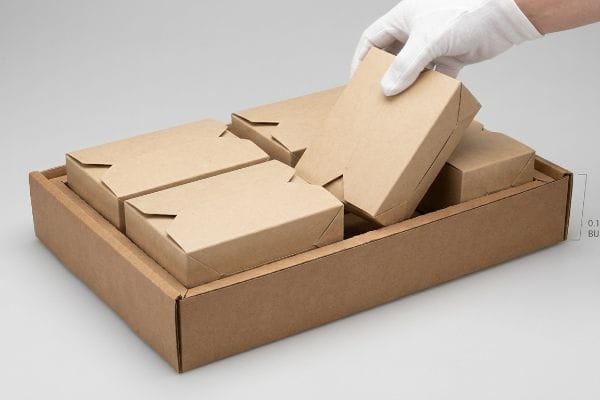 Packaging Air Gap Tolerance Kraft paper boxes are carefully placed into a corrugated retail-ready packaging tray, highlighting the 0.125-inch (3.17 mm) air gap for optimal fit.