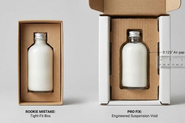 A brown Tight-Fit Box, labeled Rookie Mistake, contrasts with a white Pro Fix box showing a 0.125" Air Gap around a bottle.