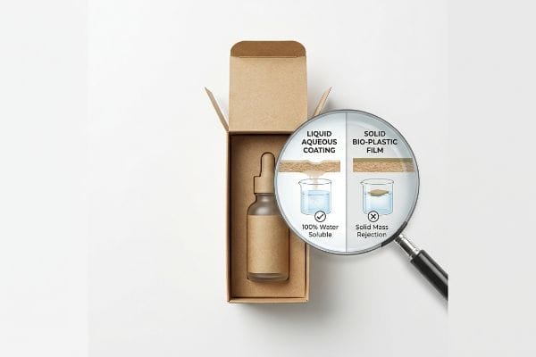 Eco-Friendly Packaging Comparison Kraft paper packaging for a dropper bottle, featuring a magnified comparison of Liquid Aqueous Coating (100% Water Soluble) and Solid Bio-Plastic Film (Solid Mass Rejection) for sustainable recycling.