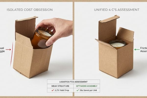 Optimized Packaging Assembly Benefits Corrugated packaging comparison: a hand struggles with a candle jar in a weak box (Isolated Cost Obsession, 3.2% Yield Drop) versus frictionless assembly in an optimized box (Unified 4 C's Assessment, 28s Saved per Unit).
