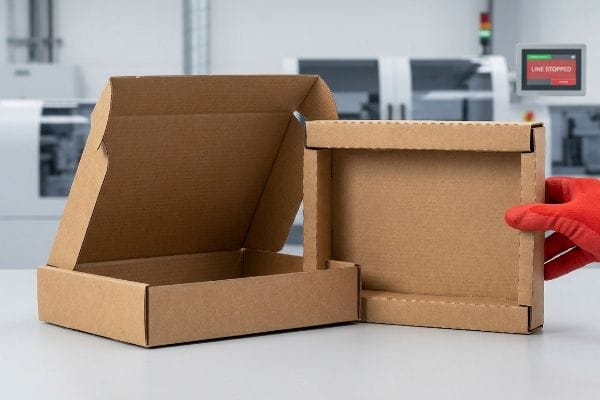 Packaging Assembly Downtime Brown corrugated mailer boxes, one open, one held by a red-gloved hand, in a factory with a 'Line Stopped' screen, showing assembly downtime.