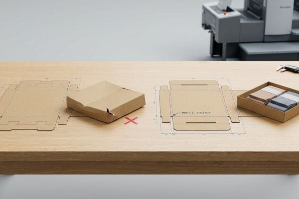 Packaging Bend Allowance Design Kraft paperboard dielines and a torn box illustrate packaging design flaws, contrasted with a correct dieline featuring Bend Allowance and a finished hosiery tray.